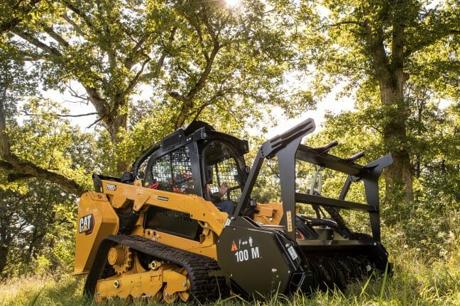 cat machine in the middle of the forest with a large attachment on the front and the sun coming through the trees