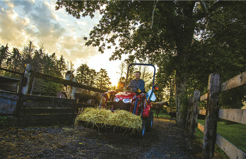 mad using a red massy ferguson sub compact tractor to lay hay