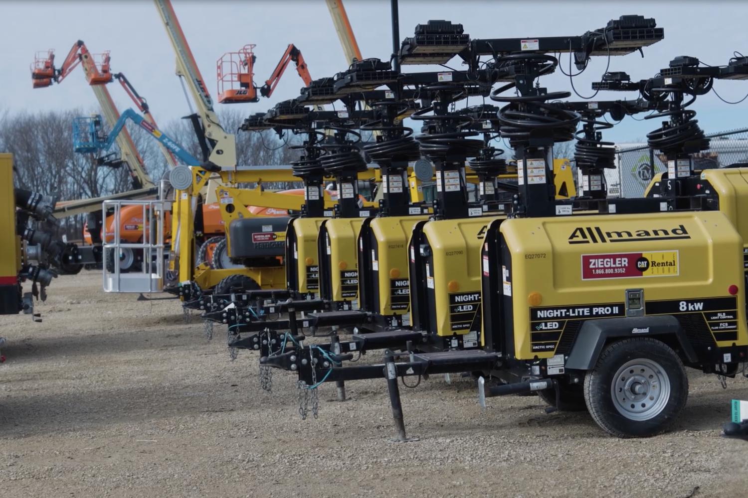 commercial-CAT-generator-for-rent row of industrial generators for rent at a Ziegler lot